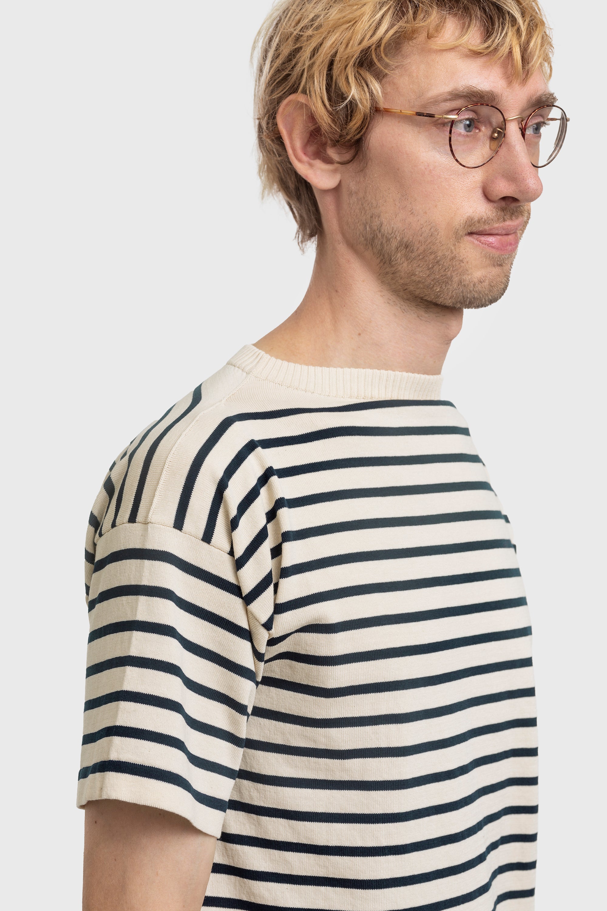 Jens Peter wearing Boatsman Short in Raw Cotton with Royal Blue stripes